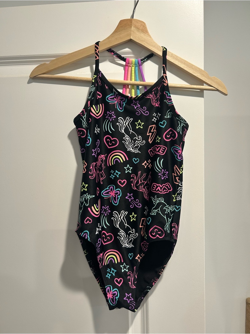 The Children's Place Black One-Piece Swimsuit with Neon Rainbow Prints